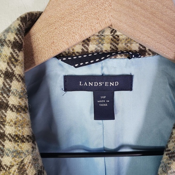 Lands' End Wool Blend Plaid Blazer Women's 14P Tan Beige‎ Blue - Picture 3 of 11